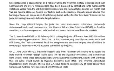 Joint Statement by 240 Myanmar and International Organizations call for coordinated sanctions on the Myanma Economic Bank (MEB) and Myanma Oil and Gas Enterprise (MOGE)